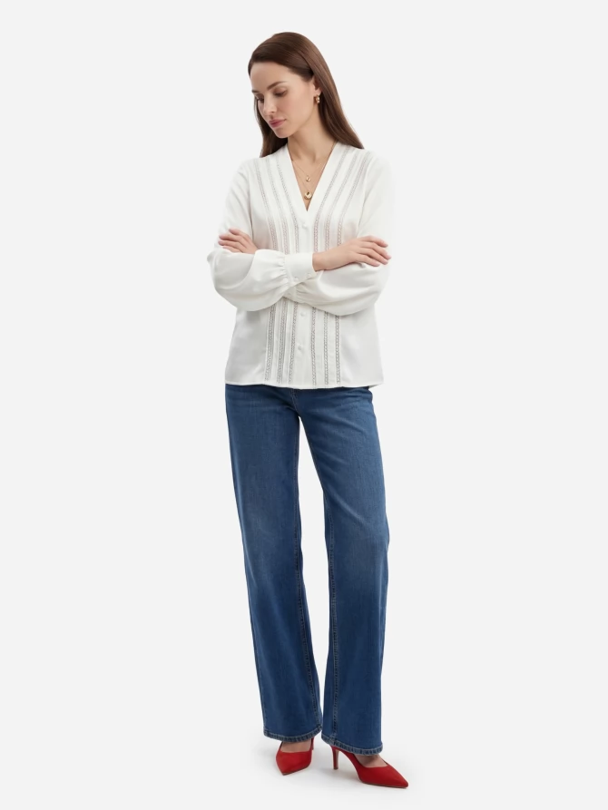 Блузка с V-образным вырезом и кружевом OD-1014-1 белый