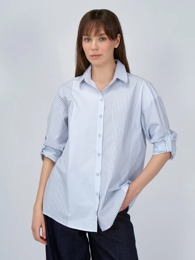 Рубашка полосатая хлопковая серо-голубая