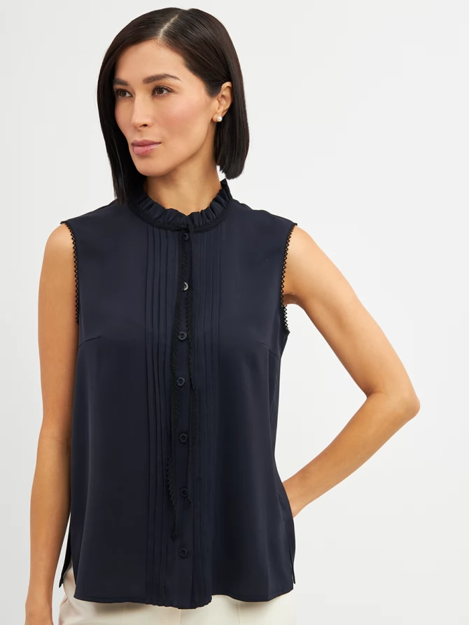 Блузка без рукавов с отделкой из тесьмы OD-973-2 т. синий