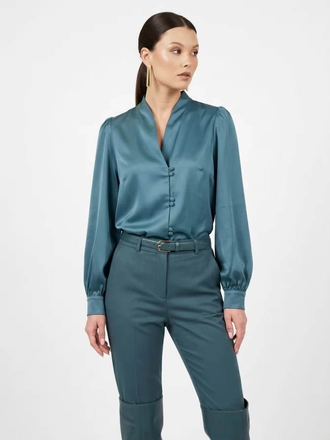 Блуза с вырезом сине-зеленая