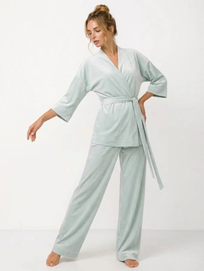Пижама кимоно и брюки палаццо из велюра серо-зеленая