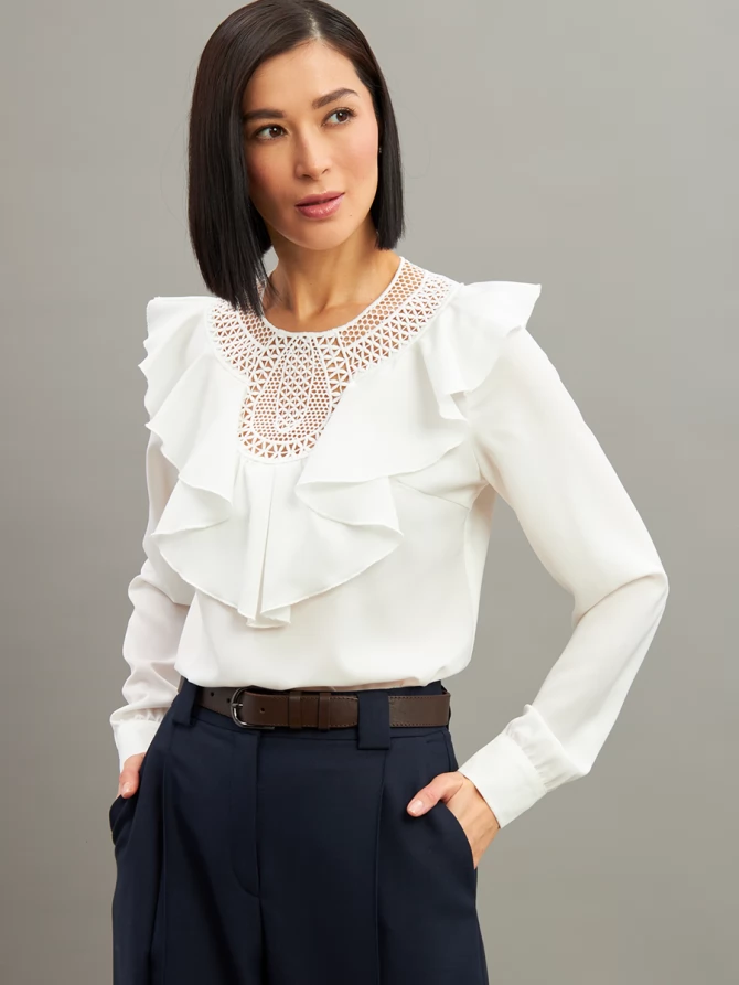 Блузка со вставкой из кружева и рюшей OD-1000-1 белый