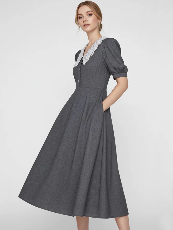 Платье с кружевным воротником  OD-888-1 серый