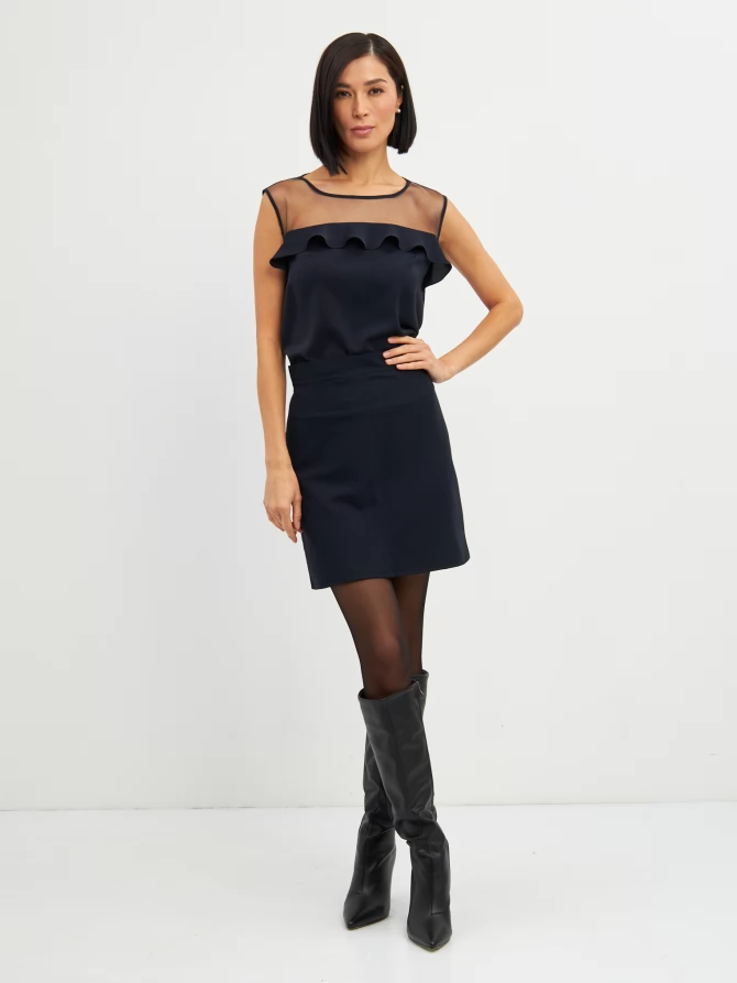 Блузка без рукавов с сеткой и воланом OD-992-2 т. синий