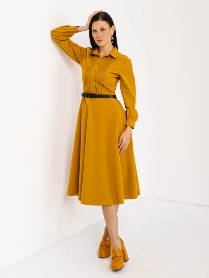 Платье из костюмной ткани с контрастным воротником и манжетом OD-841-1 горчица