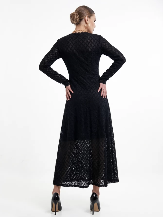 Платье из трикотажного кружева на подкладке с V-образным вырезом, черный, с фестонами
