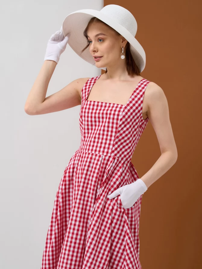 Платье хлопок OD-799-2 клетка красно-белая