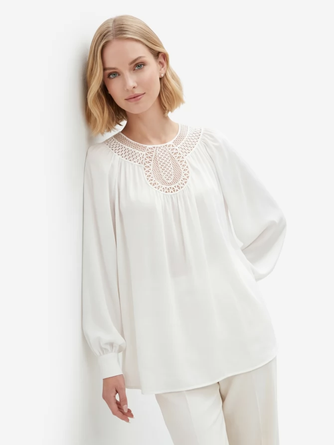 Блузка с кружевной вставкой и поясом-кушаком OD-1028-1 белый