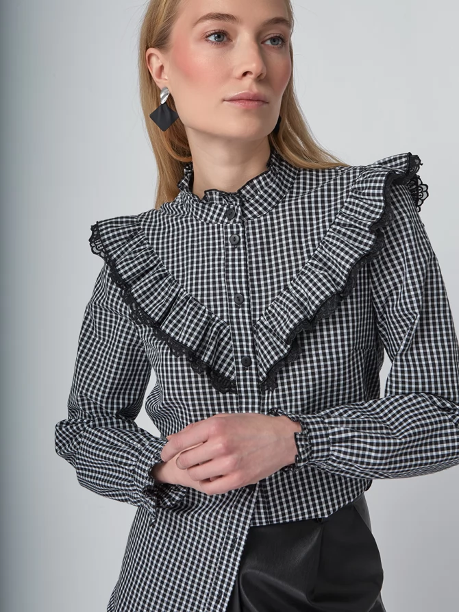Блузка из хлопка с кружевом OD-896-1 ч/б клетка
