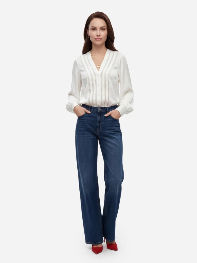 Блузка с V-образным вырезом и кружевом OD-1014-1 белый