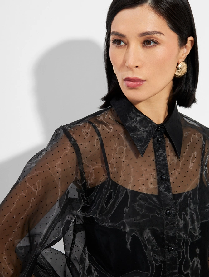 Блузка из органзы с мушками и галстуком OD-986-1 черный