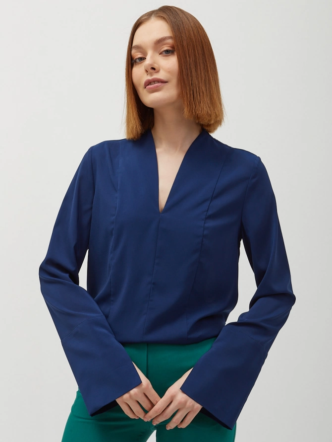 Блузка из шифона с разрезами т. синий