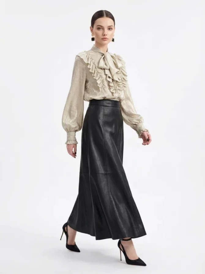 Блузка с рюшами и воротником-завязка OD-988-2 бежевый