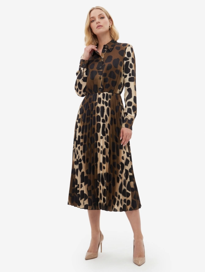 Платье с юбкой плиссе OD-883-1 леопард коричневый с хаки
