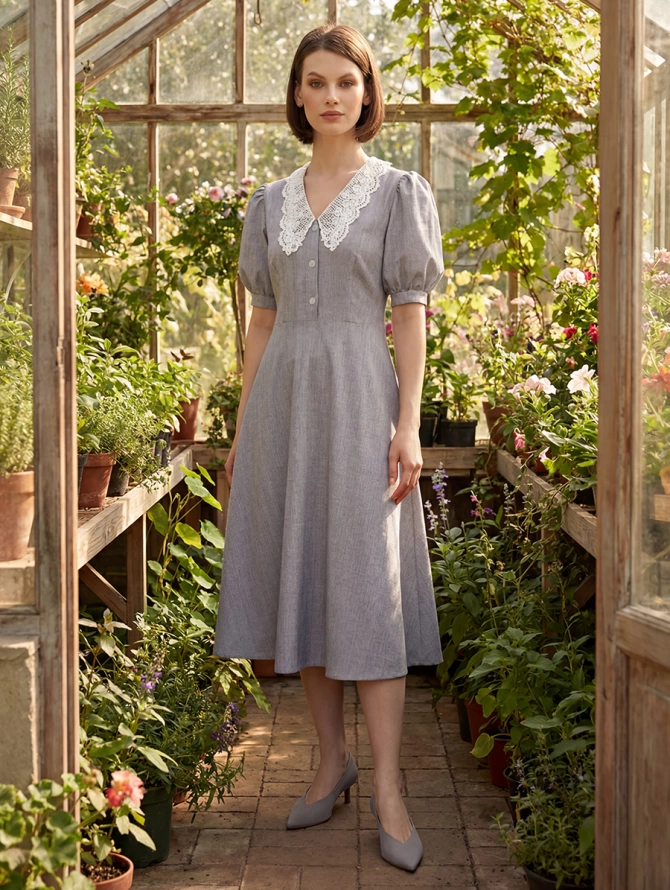 Платье с кружевным воротником OD-888-2 светло-серый