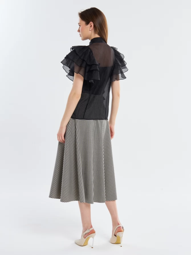 Блузка из органзы с рюшами и бантом OD-929-3 черный