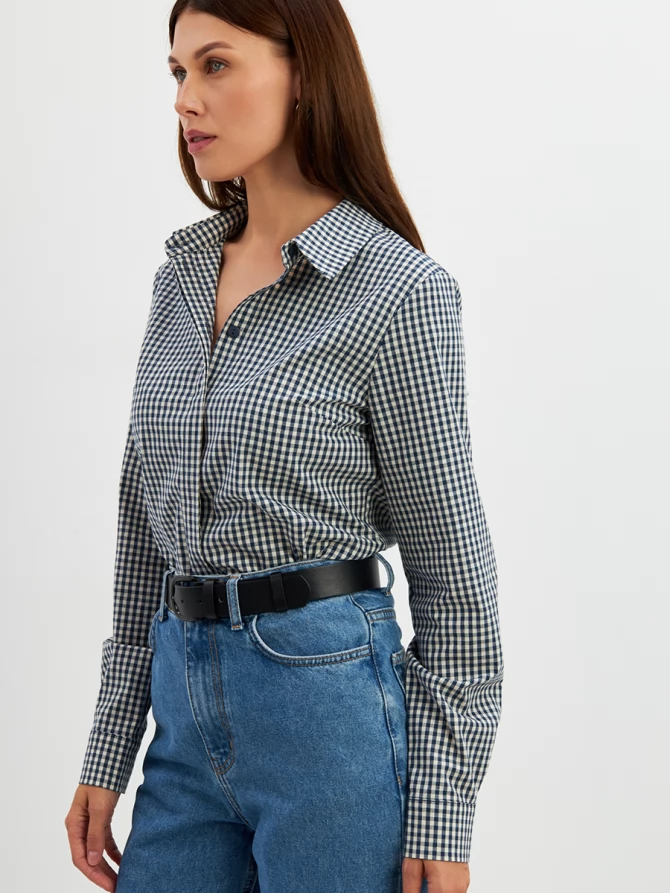 Блузка классик с контраст.стойкой OD-737-17 синяя клетка