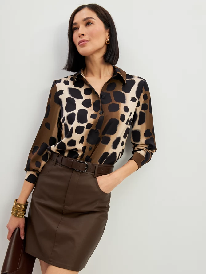 Блузка из атласной ткани OD-887-5 леопард коричневый с хаки