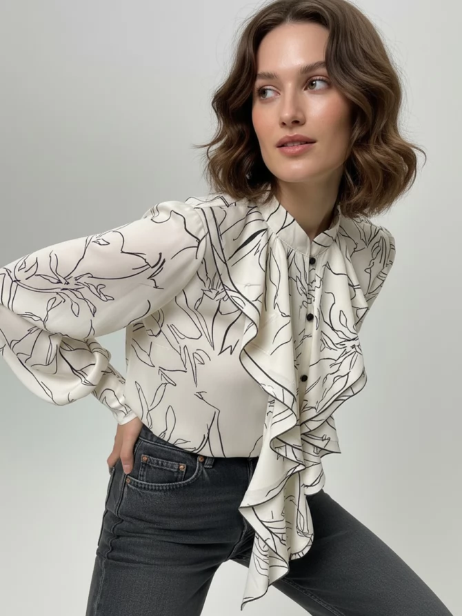 Блузка с отлетными рюшами OD-914-6 молочный с черным