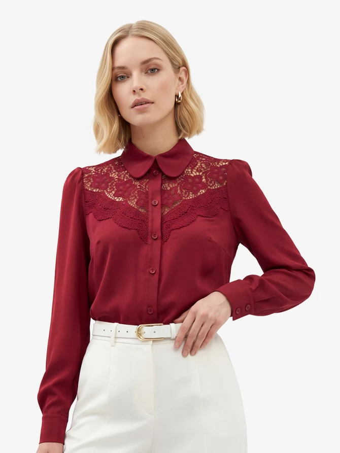 Блузка с кружевом на полочке OD-892-3 бордовый