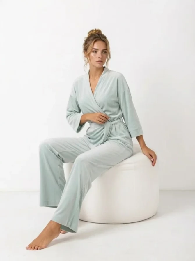 Пижама Кимоно+брюки из велюра OD-836-2 серо-зеленый