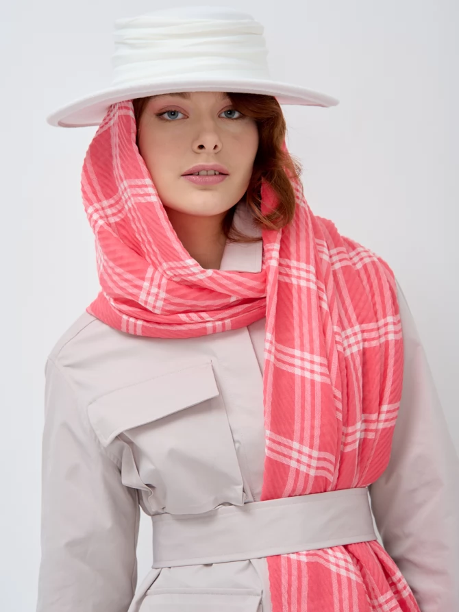 Палантин в клетку коралловый 90*180 см