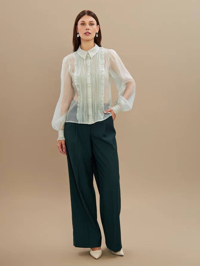 Блузка из органзы со сборкой OD-928-3 серо-зеленый