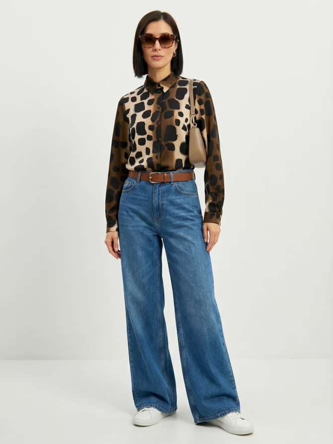 Блузка из атласной ткани OD-887-5 леопард коричневый с хаки