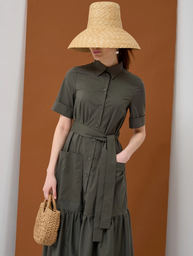 Платье-рубашка миди из хлопка цвета хаки