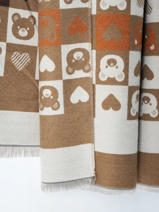 Палантин женский в клетку с мишками и сердцами