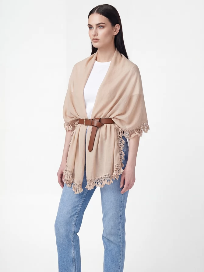 Палантин женский с кружевной отделкой и бахромой SHUT-152-1