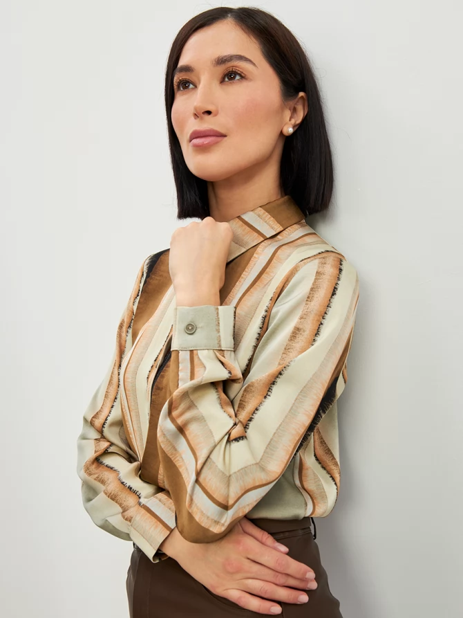 Блузка из атласной ткани OD-887-6 коричневый с серой полосой