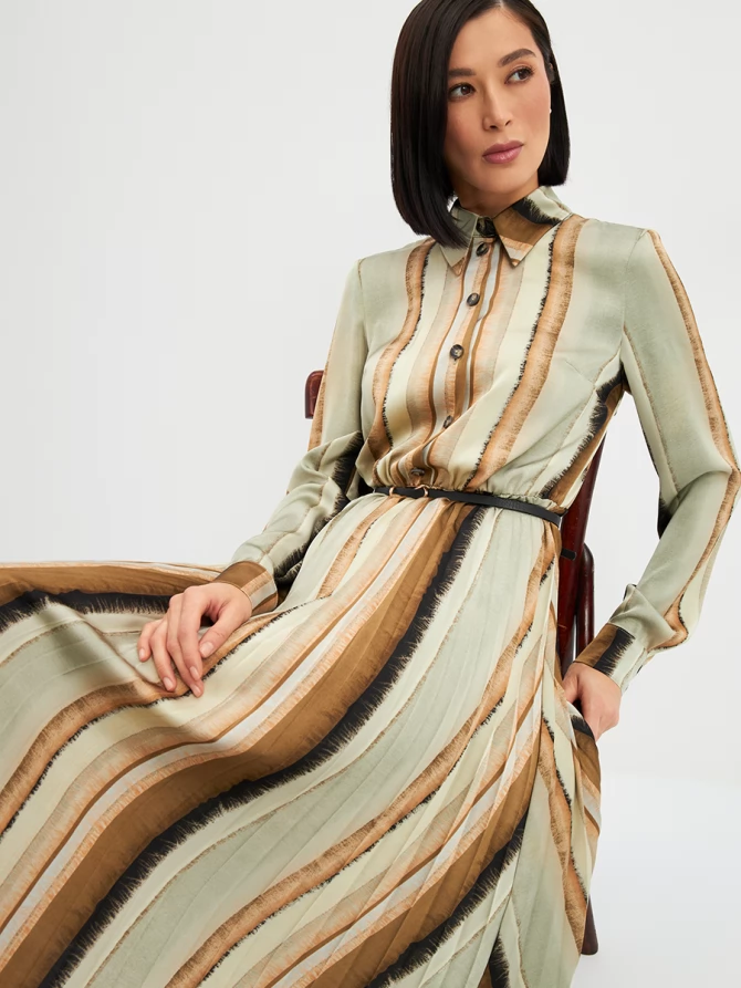 Платье с юбкой плиссе OD-883-2 коричневая с серой полосой