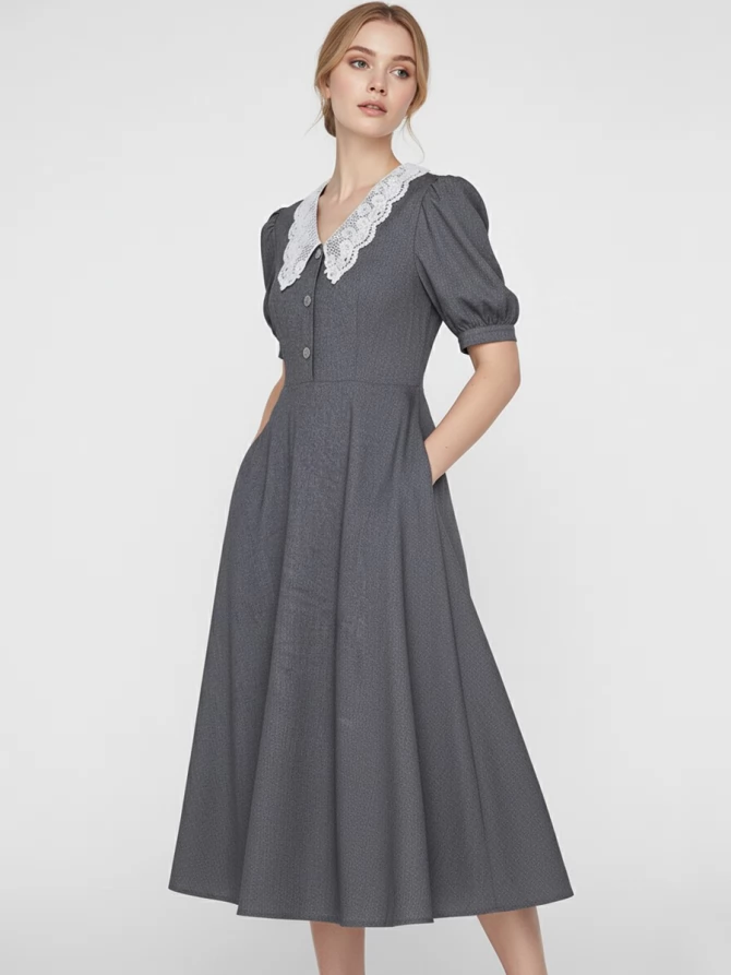 Платье с кружевным воротником  OD-888-1 серый