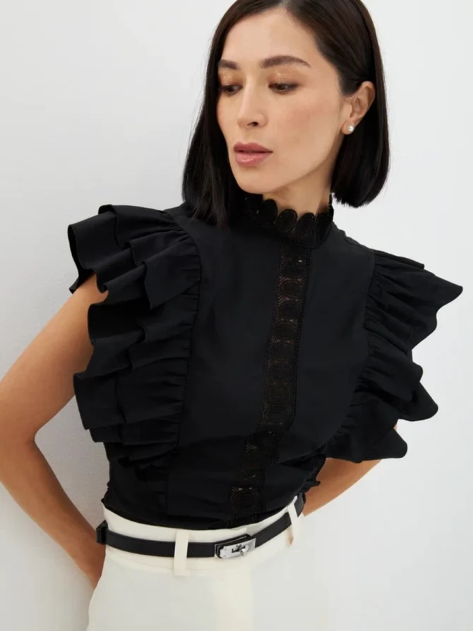 Блузка из хлопка с крыльями и кружевом, черная