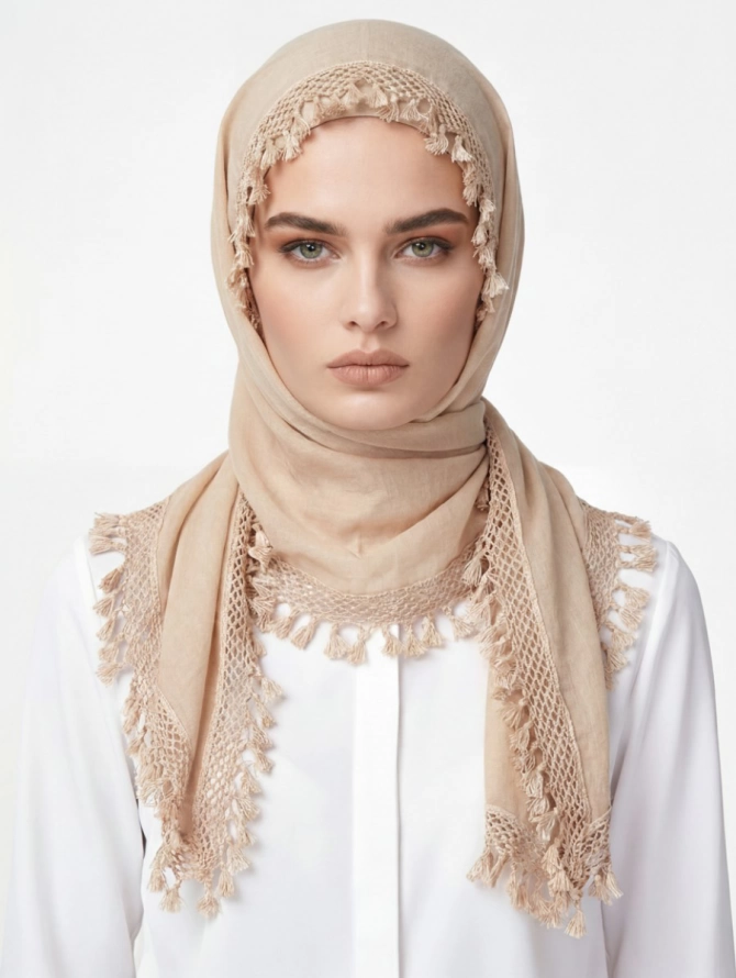 Палантин женский с кружевной отделкой и бахромой