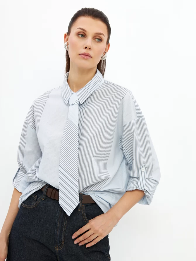 Рубашка полоса с галстуком OD-918-2 серо-голубая