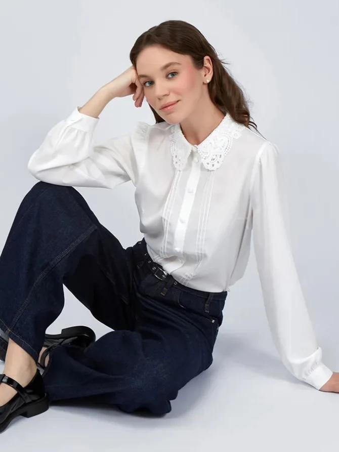 Блузка с воротником из кружева и защипами OD-913-1 белый
