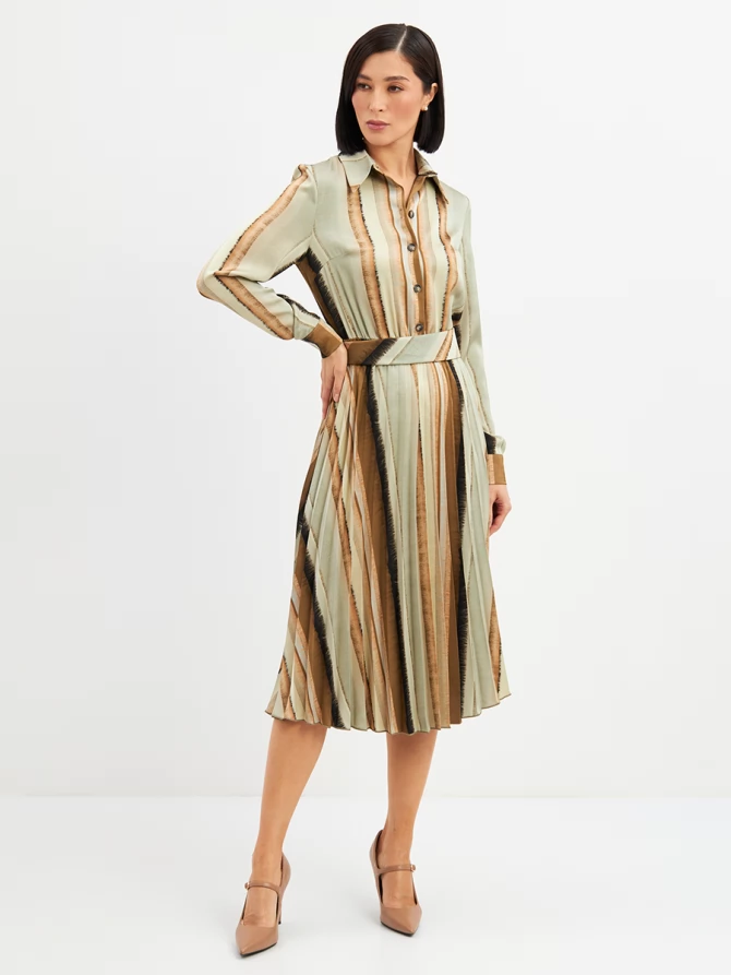 Платье с юбкой плиссе OD-883-2 коричневая с серой полосой