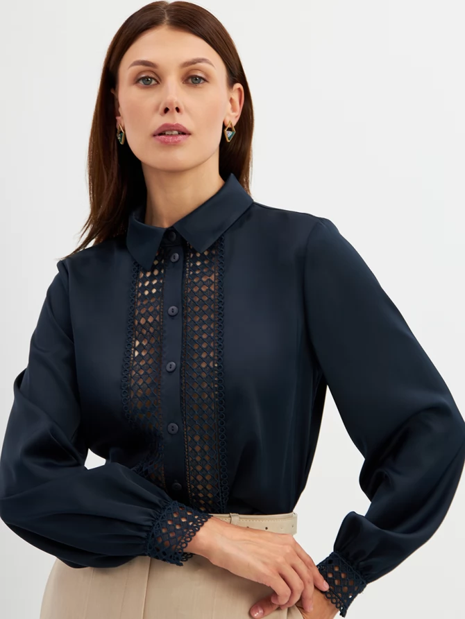 Блузка с кружевом OD-808-4 темно-синий