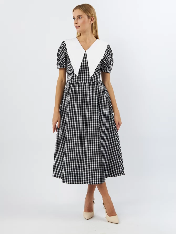 Платьеиз хлопка с большим контрастным воротником OD-935-1 клетка ч/б
