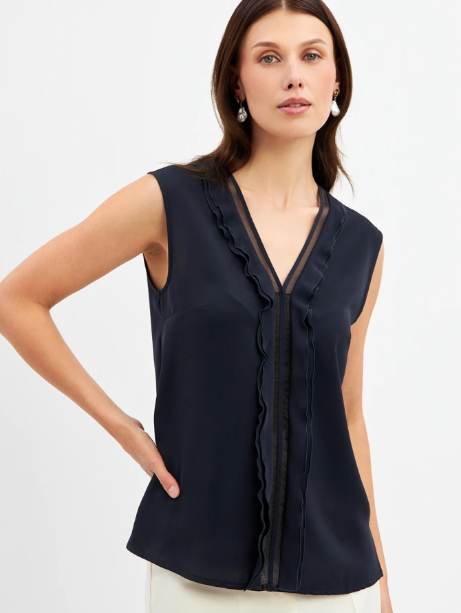 Топ со вставкой из органзы синий