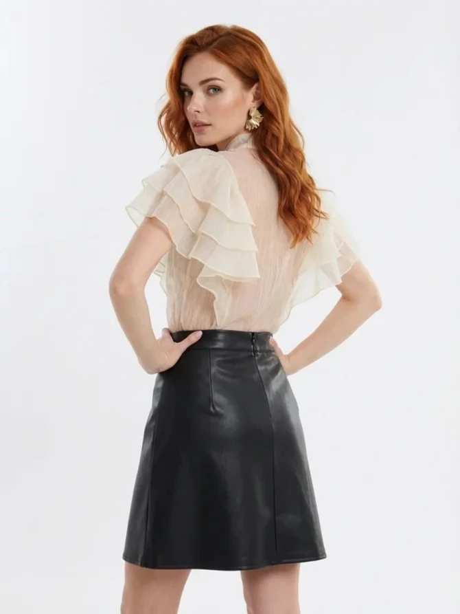 Юбка короткая из эко-кожи с молниями OD-1004-1 коричневый