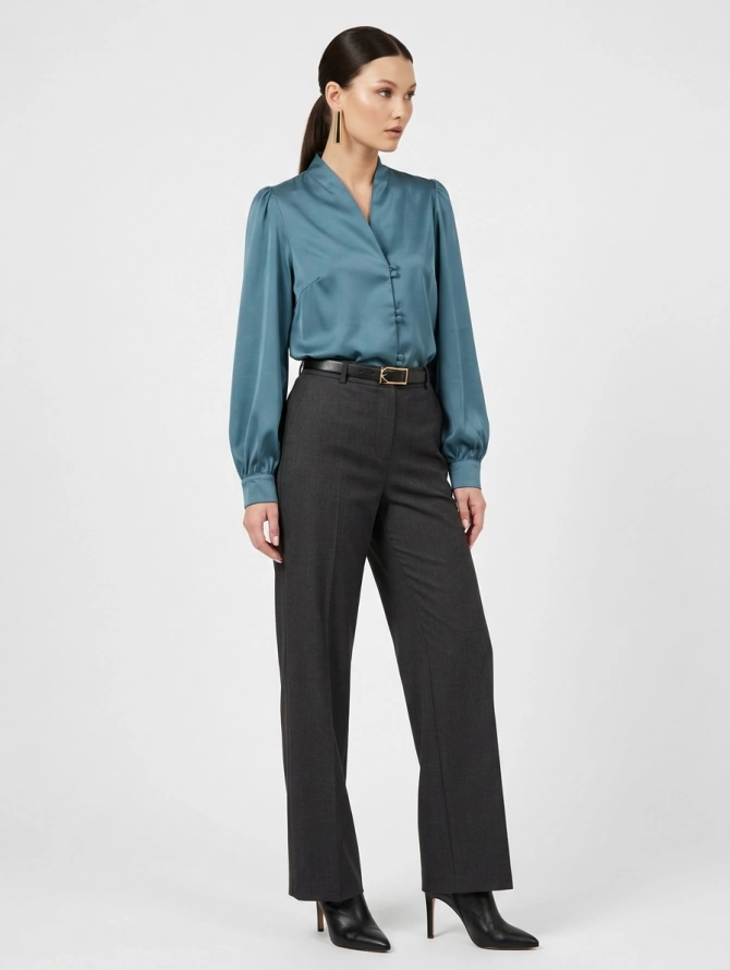 Блуза с V-образным вырезом, сине-зеленая