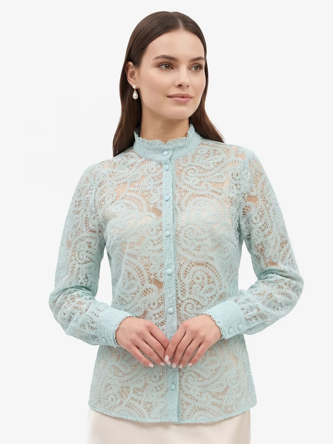 Блузка из кружевной ткани, бирюзовая