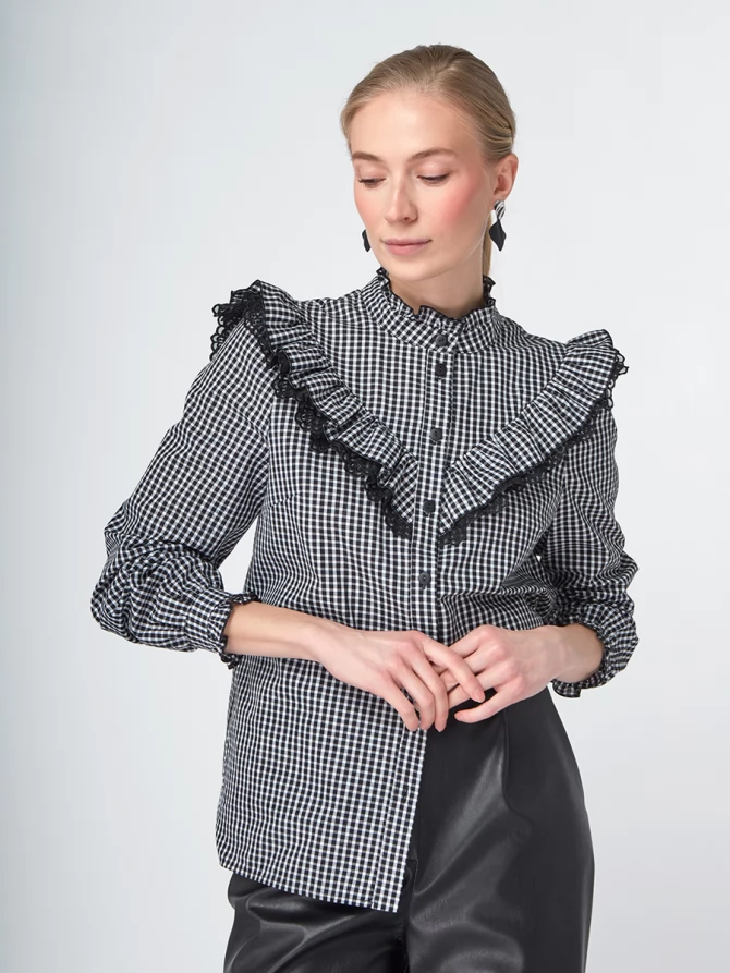 Блузка из хлопка с кружевом OD-896-1 ч/б клетка
