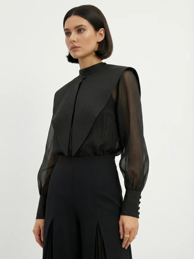 Блузка из органзы со съемным воротником OD-930-3 черный