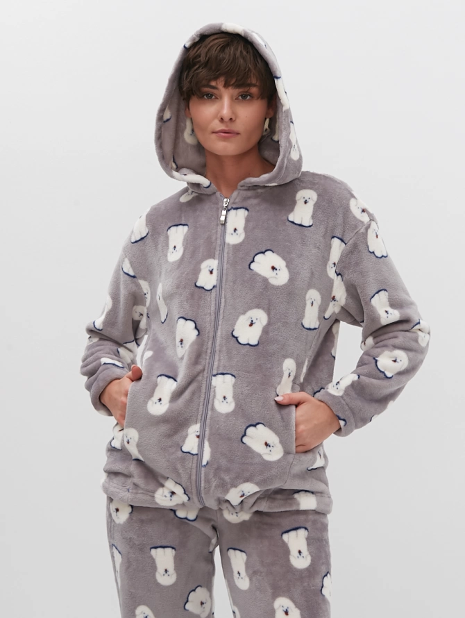 Худи оверсайз из плюша на молнии с принтом