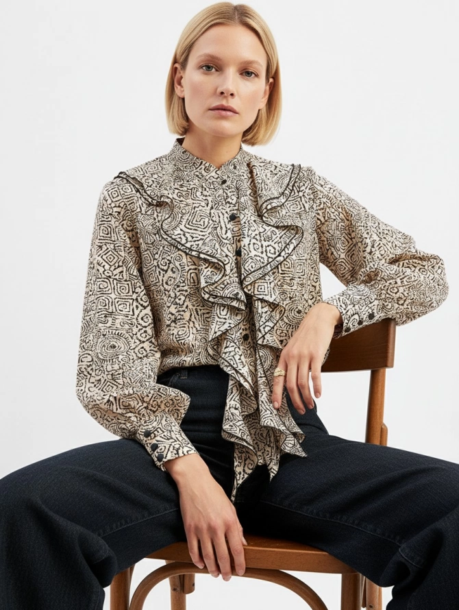 Блузка с отлетными рюшами OD-914-5 бежевый с черным