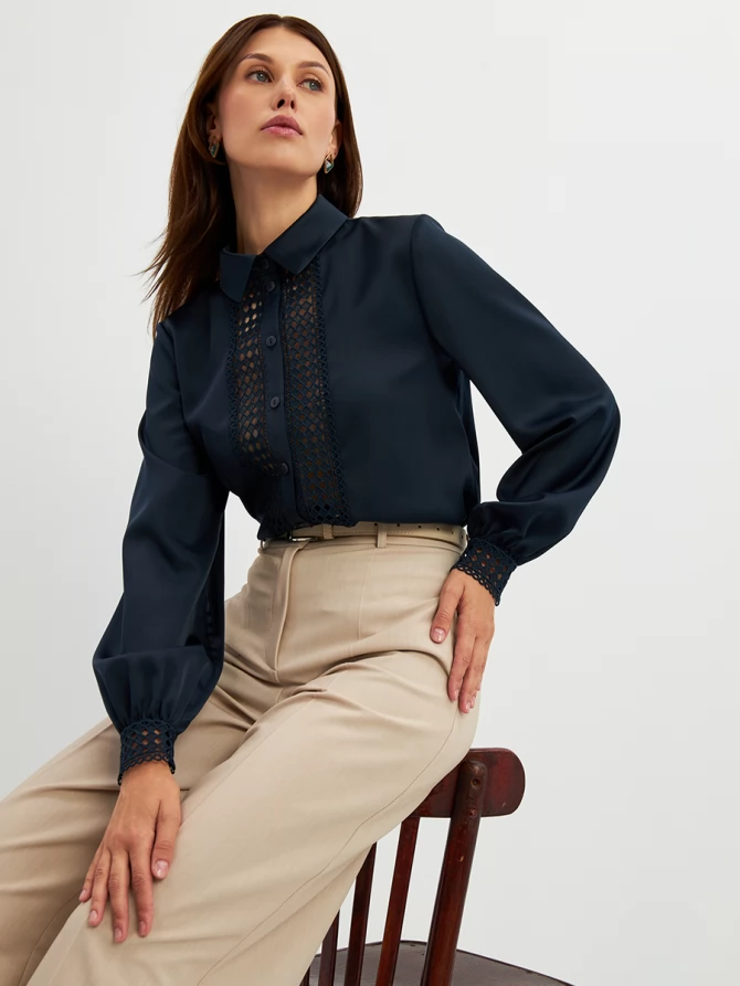 Блузка с кружевом OD-808-4 темно-синий